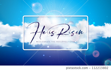 Easter Holiday Illustration with Cloud on Sunny Sky Background. He is Risen. Vector Christian Religious Design for Resurrection Celebrate Theme Poster Template for Banner, Invitation or Greeting Card. 112213802