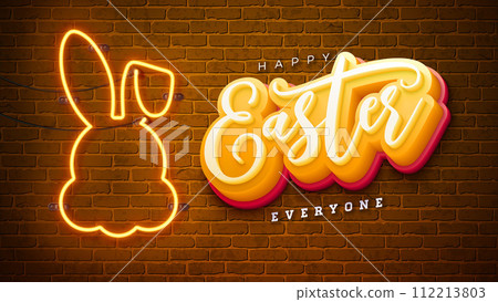Happy Easter Illustration with Glowing Neon Light and 3d Typography Letter on Blue Background. Vector Easter Day Holiday Design for Flyer, Greeting Card, Banner, Holiday Poster or Party Invitation. Happy Easter Illustration with Glowing Neon Light and 3d Typography Letter on Blue Background. Vector Easter Day Holiday Design for Flyer, Greeting Card, Banner, Holiday Poster or Party Invitation. 112213803