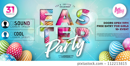 Easter Party Flyer Illustration with Painted Eggs and Typography Lettering on Nature Blue Background. Vector Spring Religious Holiday Celebration Poster Design Template for Banner or Invitation. Easter Party Flyer Illustration with Painted Eggs and Typography Lettering on Nature Blue Background. Vector Spring Religious Holiday Celebration Poster Design Template for Banner or Invitation. 112213815