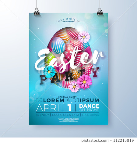 Easter Party Flyer Illustration with Painted Eggs and Flowers on Nature Blue Background. Vector Spring Religious Holiday Celebration Poster Design Template for Banner or Invitation. 112213819