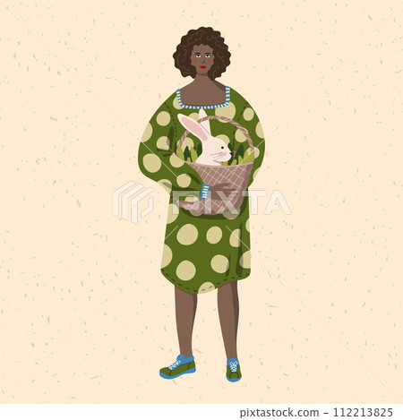 African American woman with rabbit vector illustration. Young black female character in modern dress holding basket with cute bunny. Happy Easter spring design on textured background, flat cartoon African American woman with rabbit vector illustration. Young black female character in modern dress holding basket with cute bunny. Happy Easter spring design on textured background, flat cartoon 112213825