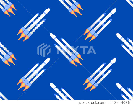 Spaceships seamless pattern. Orbital launch vehicle. Space rockets in flat style. Spaceships for space exploration and interplanetary flights. Design for banners and posters. Vector illustration 112214026