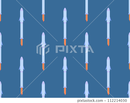 Spaceships seamless pattern. Orbital launch vehicle. Space rockets in flat style. Spaceships for space exploration and interplanetary flights. Design for banners and posters. Vector illustration 112214030