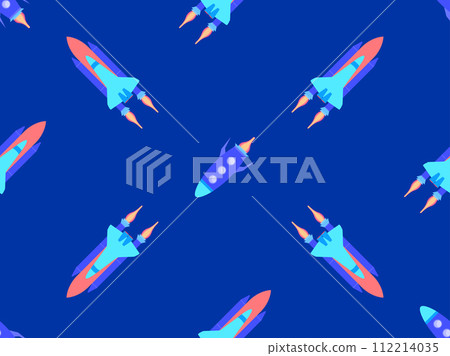 Spaceships seamless pattern. Orbital launch vehicle. Space rockets in flat style. Spaceships for space exploration and interplanetary flights. Design for banners and posters. Vector illustration 112214035
