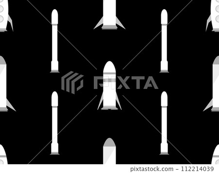 Spaceships seamless pattern. Orbital launch vehicle. White space rockets on a black background. Spaceships for space exploration and interplanetary flights. Vector illustration Spaceships seamless pattern. Orbital launch vehicle. White space rockets on a black background. Spaceships for space exploration and interplanetary flights. Vector illustration 112214039