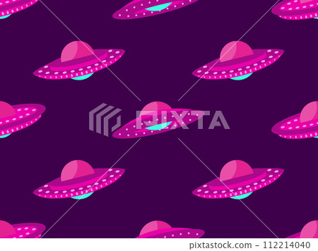 Seamless pattern with alien spaceships. Background with UFO and space flying saucers. UFO in the form of a saucer with lights. Design for print, banners and advertising. Vector illustration 112214040
