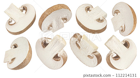Brown champignon mushroom slices isolated on white background with clipping path, full depth of field 112214131