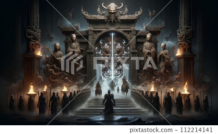 Epic Chinese Fantasy Temple Entrance Guarded by Mysterious Hooded Warriors and Fiery Torches - Digital Art for Creative Projects, Games, Music Covers and Decor. 112214141