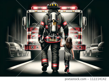 Brave Firefighter in Gear Walking With Child to Safety, a Symbol of Protection and Courage in Emergencies. 112214142