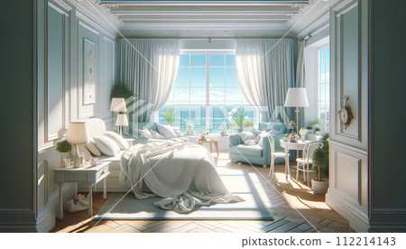 Bright and Elegant Modern Bedroom with Ocean View, White and Blue Decor, and Cozy Minimalist Design. 112214143