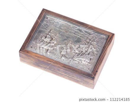 Very old cigarette case with a silver outside showing tall ships 112214185