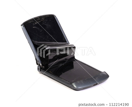Broken display screen foldable smartphone on white background Broken display screen foldable smartphone on white background 112214190
