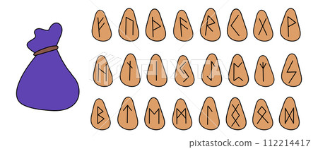 Set of runes and cotton pouch bag. Collection of hand drawn doodle of runic old Norse Scandinavia symbols on stone. Vector flat illustration of Celtic glyphs. Icons for website, book, game design. Set of runes and cotton pouch bag. Collection of hand drawn doodle of runic old Norse Scandinavia symbols on stone. Vector flat illustration of Celtic glyphs. Icons for website, book, game design. 112214417