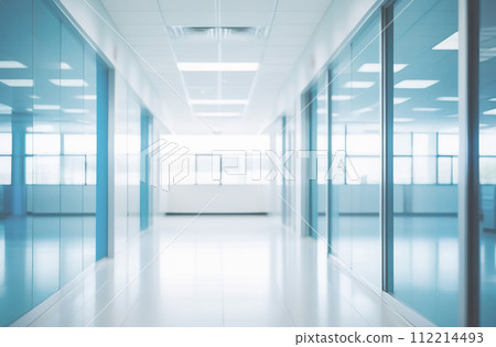 Empty corridor in modern Hospital ICU blurred background. Blur defocused interior of modern clinic. Abstract defocused corridor of medical centre, laboratory, lab. Healthcare and medicine concept. 112214493