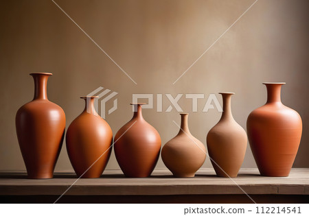Wooden old table adorned with a row of beautifully crafted clay vases with copy space. Different antique vessels. Old traditional pottery ceramics. Craft art object pots on hardwood board front view 112214541