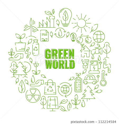 Ecology, round design, with text green world, line icons. Ecology environment improvement, sustainability, recycle, renewable energy. Eco friendly vector. Concept of net zero emissions by 2050. Ecology, round design, with text green world, line icons. Ecology environment improvement, sustainability, recycle, renewable energy. Eco friendly vector. Concept of net zero emissions by 2050. 112214584