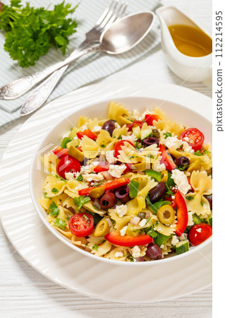 Farfalle salad, Bow Tie Pasta salad, top view 112214595