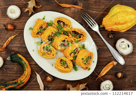 Pumpkin rolls, pie with mushrooms Pumpkin rolls, pie with mushrooms 112214617