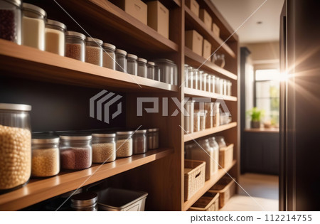 Storage organization at cupboard. Groceries in glass jars arranged on wall shelves. Organizing the kitchen pantry for foodstuff. Home design. Preserved foods, healthy eating, legumes, bulk items. 112214755