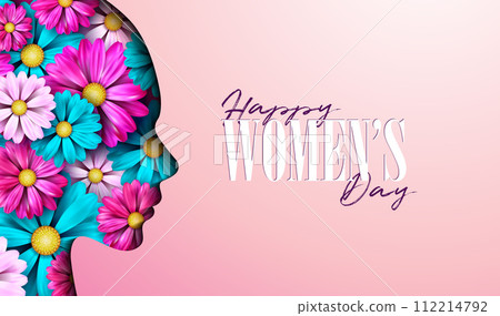 Happy Women's Day Floral Illustration. 8 March International Womens Day Vector Design with Spring Colorful Flower in Young Woman Face Silhouette on Light Background. Women or Mother Day Theme Template 112214792