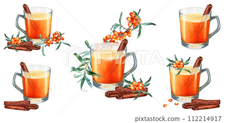 A set of sea buckthorn cups of tee, rolled strips of cinnamon and branches with berries. Hand drawn watercolor food illustration isolated on white. For clip art cards menu label package 112214917
