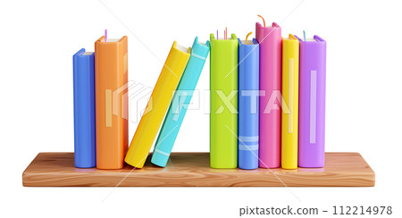 Book stack with hard cover standing with spine on wooden shelf. 3D render illustration of literature row on home, library or store bookshelf with wood texture for reading and education concept. Book stack with hard cover standing with spine on wooden shelf. 3D render illustration of literature row on home, library or store bookshelf with wood texture for reading and education concept. 112214978
