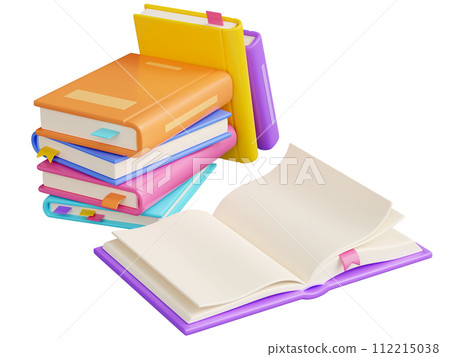 Pile of close paper books and open one with white pages, colorful hard cover and bookmarks lay and stand. 3D render illustration of literature stack and heap for school education and reading concept. Pile of close paper books and open one with white pages, colorful hard cover and bookmarks lay and stand. 3D render illustration of literature stack and heap for school education and reading concept. 112215038