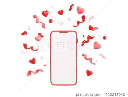 Mobile phone with confetti mockup. 3D cartoon render illustration of smartphone standing with empty white screen and flying white and red streamer and heart for congratulation or sale concept. Mobile phone with confetti mockup. 3D cartoon render illustration of smartphone standing with empty white screen and flying white and red streamer and heart for congratulation or sale concept. 112215042