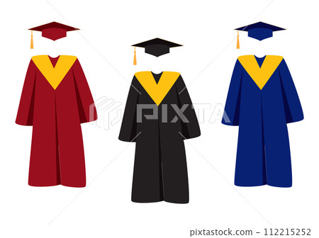 Graduate hats, academic squares or student caps and mantles in different colors. Set of flat isolated graduation ceremonial clothing on white. Jpeg illustration Graduate hats, academic squares or student caps and mantles in different colors. Set of flat isolated graduation ceremonial clothing on white. Jpeg illustration 112215252