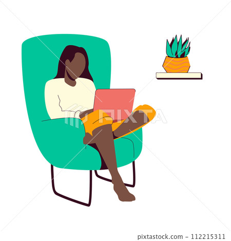 Black woman is sitting in modern chair working on laptop. Remote work from home. Freelancer. Home office concept. Cute room interior. Minimalistic cartoon style illustration. Black woman is sitting in modern chair working on laptop. Remote work from home. Freelancer. Home office concept. Cute room interior. Minimalistic cartoon style illustration. 112215311