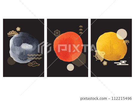 Abstract art background with traditional Japanese icon and pattern vector. Watercolor texture in Chinese style. Circle object banner illustration. 112215496