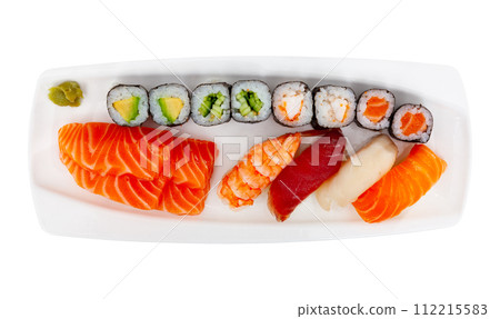 On table there portion set with maki, sashimi and nigiri 112215583