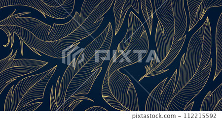 Vector gold feathers on black pattern, abstract luxury line design wallpaper. Art deco wedding texture, wing angel decoration. Vector gold feathers on black pattern, abstract luxury line design wallpaper. Art deco wedding texture, wing angel decoration. 112215592