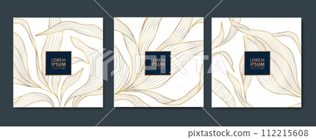 Vector set of gold design floral patterns, leaf modern ornament, vintage elegant flowers, nature royal package. Wave line graphic art cards Vector set of gold design floral patterns, leaf modern ornament, vintage elegant flowers, nature royal package. Wave line graphic art cards 112215608