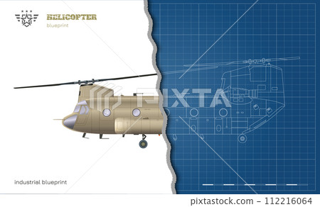 Military transport helicopter. Outline drawing of armed copter. Top, front and side views. Industrial blueprint of war force aviation. USA army 3D cargo vehicle Military transport helicopter. Outline drawing of armed copter. Top, front and side views. Industrial blueprint of war force aviation. USA army 3D cargo vehicle 112216064