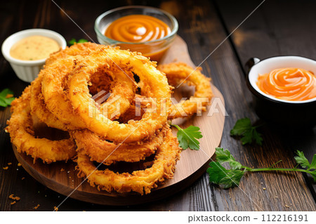Fried breaded onion rings with sauce Fried breaded onion rings with sauce 112216191