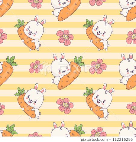 Seamless pattern with bunny with carrot on striped yellow background with flowers. Cute kawaii animal character. Vector illustration. Kids collection. 112216296