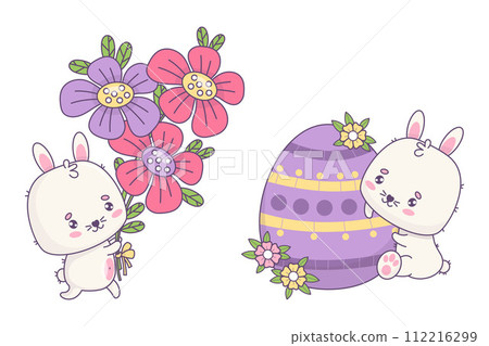 Cute Easter bunny with egg and rabbit with bouquet flowers. Isolated holiday funny kawaii animal character. Vector illustration. Kids collection. 112216299