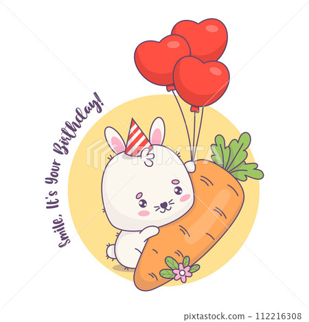 Cute rabbit birthday boy in cap with big carrot and balloons. Funny kawaii animal character. Vector illustration. Kids collection. Cute rabbit birthday boy in cap with big carrot and balloons. Funny kawaii animal character. Vector illustration. Kids collection. 112216308