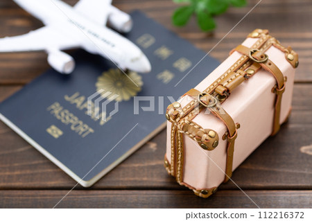 旅行袋行李箱、護照和飛機 112216372