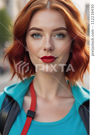 Closeup portrait young woman blue eyes red hair walking and listening to playlist music with wireless headphones in the city modern. Closeup portrait young woman blue eyes red hair walking and listening to playlist music with wireless headphones in the city modern. 112216430