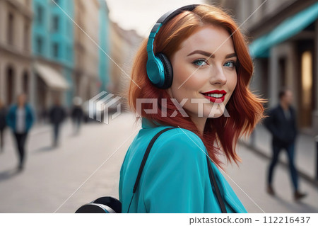 Closeup portrait young woman blue eyes red hair wearing wireless headphones on city ctreet experiencing music, facing the camera. 112216437