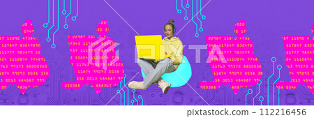 Banner. Contemporary art collage. Focused woman sitting on using silhouette of yellow laptop against digital backdrop. 112216456