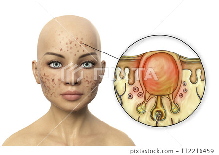 Acne vulgaris, white comedo, computer illustration 112216459
