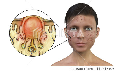 Acne vulgaris in a teenager boy and white comedone Acne vulgaris in a teenager boy and white comedone 112216496