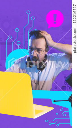 Contemporary art collage. Young man, blogger widely open mouth and shouting because don't understand why his laptop not work. 112216527