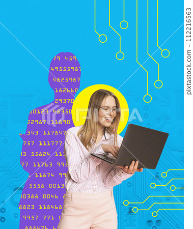 Modern aesthetic artwork. Woman using laptop while silhouette of person with binary code stands behind her and monitors actions. Personal data protection. 112216563