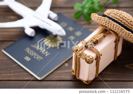 Travel bag trunk, passport and airplane 112216575