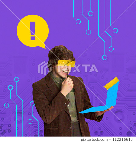 Contemporary art collage. Nervous man with his eyes taped because he holding silhouette of laptop, password for which he cannot hack. 112216613