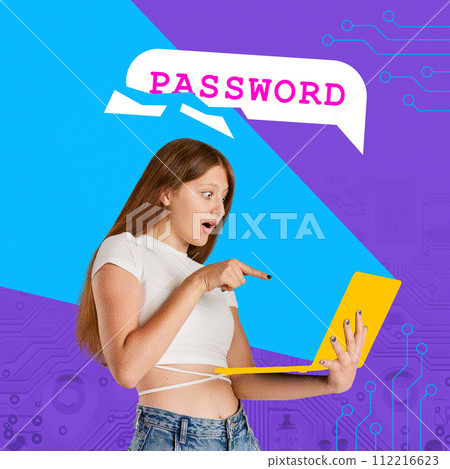 Contemporary art collage. Data loss. Shocked woman looking at laptop from which someone changed password. Contemporary art collage. Data loss. Shocked woman looking at laptop from which someone changed password. 112216623